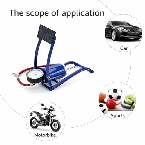Image of High Pressure Foot Pump, Bike Motorbike Inflation Pump with Pressure Gauge, Foot Pedal Inflator, Single Barrel Cylinder Air Pump, 30 cm, Blue