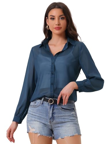 Allegra K Sheer Blouse for Women's Long Sleeve Tops Button Down See Through Oversized Mesh Shirt Small Dark Blue