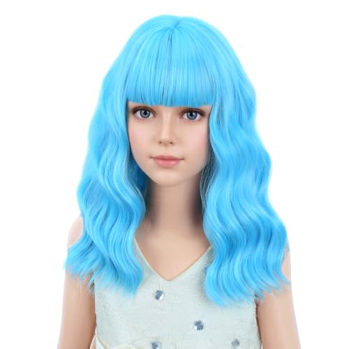 Image of PATTNIUM Blue Wig for Women Short Wavy Wig with Bangs Light Blue Wigs Heat Resistant Synthetic Hair Wigs