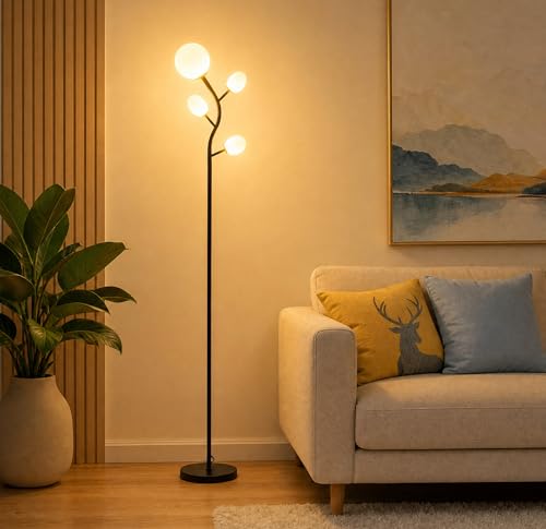Image of Fiqevs 4 Globe Floor Lamp for Living Room, Mid Modern Standing Tree Lamp | 3000K Warm White Light, 4 LED Bulbs Included, Sphere Ball Frosted Glass Shade Tall Lamp for Bedroom /Office, Matt Black