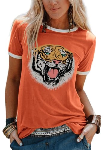 Womens Tiger Printed T-Shirt Funny Cute Animal Graphic Tees Summer Short Sleeve Loose Tee Tops