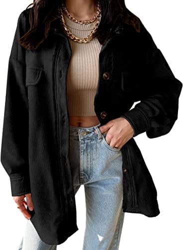 VICHYIE Womens Shirts Shacket Casual Long Sleeve Corduroy Lapel Oversized Button Down Blouses Tops Jacket Coat Black M