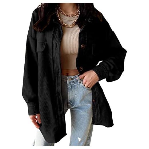 VICHYIE Womens Shacket Shirts Casual Long Sleeve Corduroy Oversized Button Down Blouses Tops Fall Jacket Coat Black L