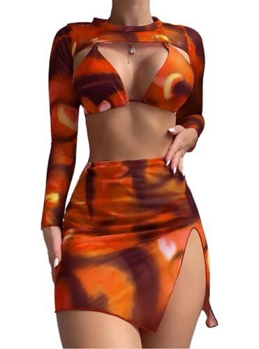 4 Piece Bikini Sets, High Cut Tie Dye Swimsuits, Sexy Bathing Suits with Long Sleeved Top and Skirt Bikini Set Orange