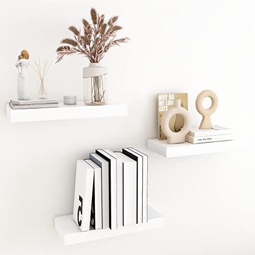 JENGRYOE Floating Shelves Wall Storage, 15 inch Wall Mounted Shelves Set of 3, Wood Hanging Book Shelf for Living Room, Bathroom, Bedroom, Kitchen, Over Toilet Home Decor, Holder Display (White)