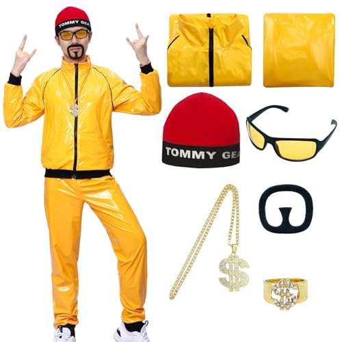 Photo de Antsparty Costume de rappeur Ali G des années 90 pour adulte, costume de coquillage jaune des années 90 et 80 avec collier, lunettes, barbe, déguisement pour carnaval, fête, Halloween, enterrement de