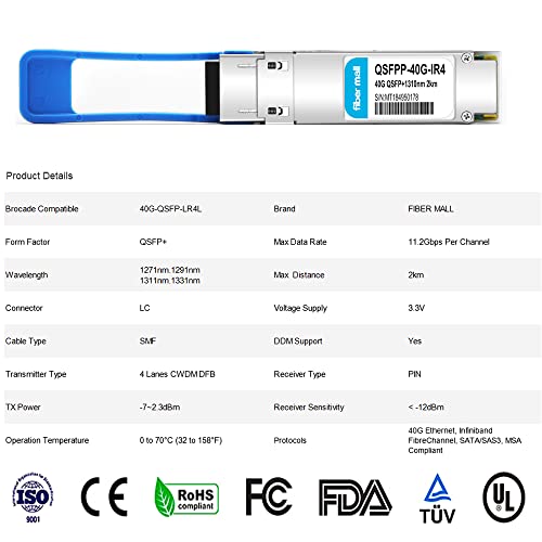 Image of 40G QSFP+ LR4L for Brocade 40G-QSFP-LR4L, 40GBASE-LR4L QSFP+ 1310nm CWDM4 2km DOM Duplex LC SMF Optical Transceiver Module