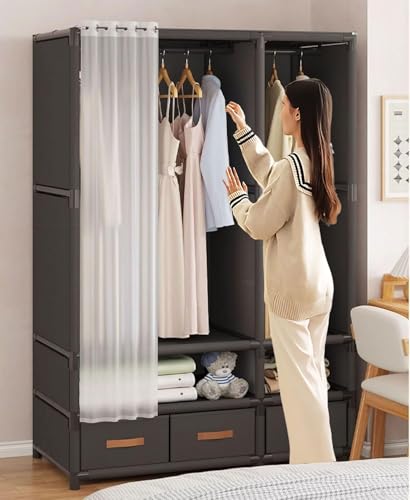 ワードローブ カバー付き ハンガーラック 引き出し付き 大容量 収納クローゼット 洋服収納 多機能 スリムデザイン 衣類収納ラック 省スペース 組み立て式 防汚 防水 防塵 シンプル ワードローブ(黒,2列)