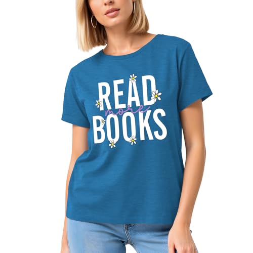 Image of Reading Teacher Shirt Women-Cute Read More Books Short Sleeve Library Book Lovers Daisy Tee Tops