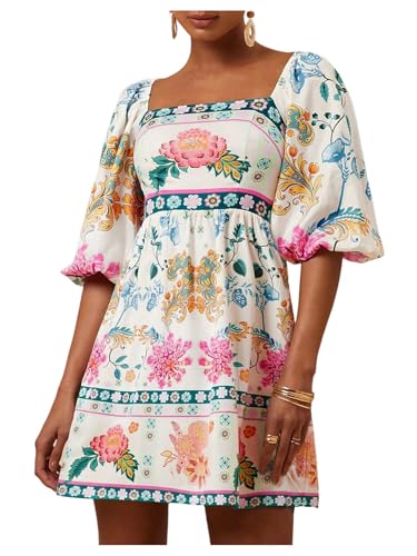 Floerns Women's Floral Tie Back Puff Sleeve A Line Dress Square Neck Boho Dresses