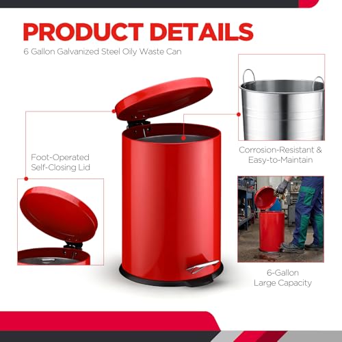 Image of Geetery 6 Gallon Red Oil Rag Safety Can Waste Oil Container 16 inch x 12 inch | Metal Can with Galvanized Steel Liner, Foot Operated, Self-closing Lid, for Flammable Solvents /thinners /oil Rags