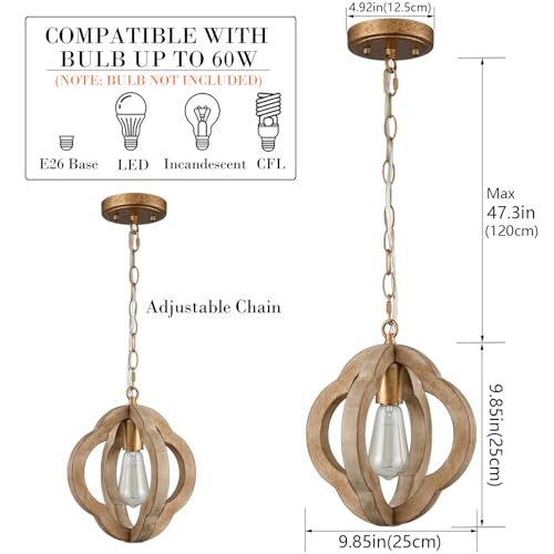 SAMTEEN Farmhouse Wood Pendant Lights Kitchen Island, Vintage Wooden Pendant Lighting Rustic 1-Light Wood Hanging Ceiling Light Fixture for Hallway Bedroom Entrance, Adjustable Chain - Image 6