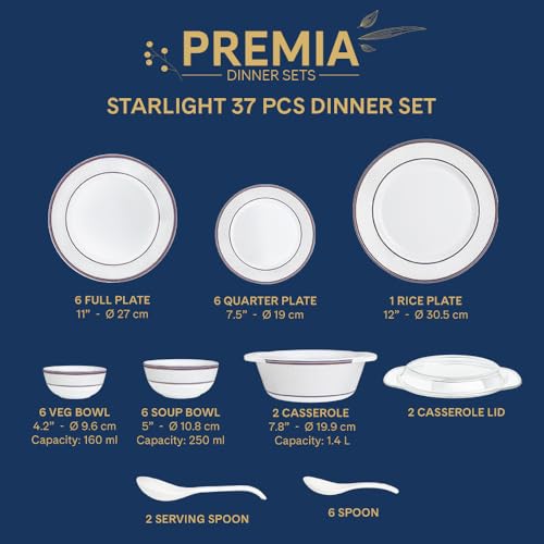 Image of Larah by Borosil 37pc Opalware Starlight Dinner Set for Family of 6 | Microwave & Dishwasher Safe Crockery Set for Dining & Gifting | Plates & Bowls