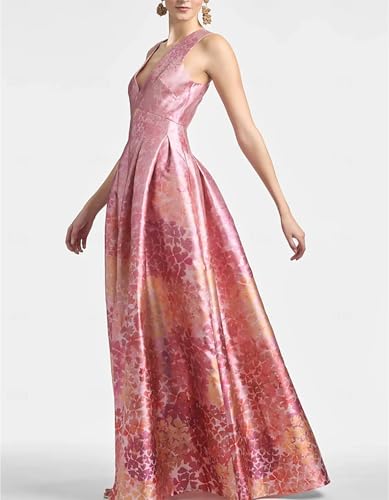 Wedding Guest Dress Satin V Neck Sleeveless Floor Length A-Line High Split Formal Prom Evening Dress Floral Print 20253