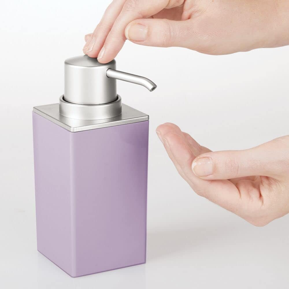 mDesign Modern Square Plastic Refillable Soap Dispenser Pump Bottle for Bathroom Vanity Countertop, Kitchen Sink - Holds Hand Soap, Dish Soap, Hand Sanitizer, Essential Oils - 2 Pack - Purple/Brushed