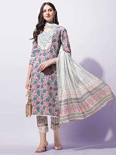 Image of MIRCHI FASHION Pure Cotton Floral Printed Kurta Set with Dupatta | 3 Piece Straight Fit Kurta Pant Set | Ethnic Office Wear Salwar Suit for Women