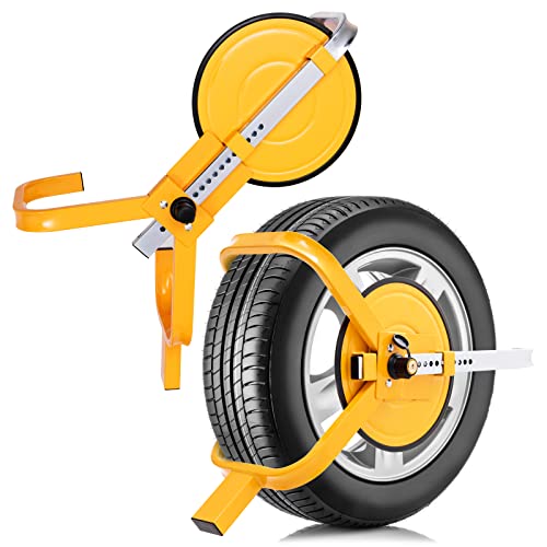 GYMAX Cepo Antirrobo Rueda Coche, Universal Ajustable Menos de 22 cm, con 2 Llaves & Ventosa, Llamativo Color Amarillo, Abrazadera Antirrobo para Coch...