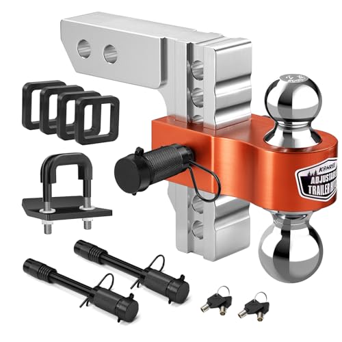 Image of Kohree Adjustable Trailer Hitch Fit 2 Inch Receiver, Dual Solid Ball 2 inch and 2-5 /16 inch(12,500 LBS GTW), 6 inch Drop & Rise Heavy Duty Aluminum Tow Hitch with 4 Silencer Pads & 2 Locking Hitch Pin, Orange