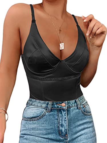 Sexy Neon Corset Top for Women Deep V Neck Satin Bodysuit Going Out Tank Tops