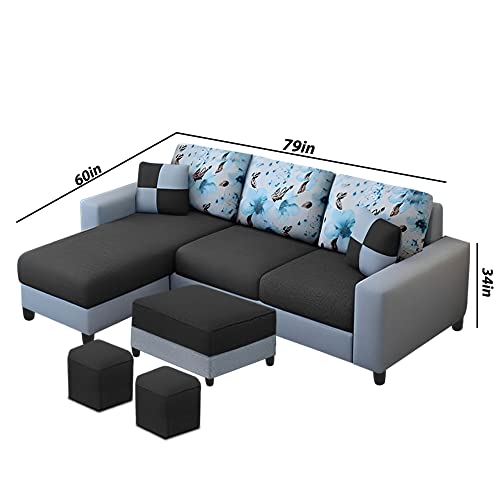 Image of Orland 4 Seater LHS L Shape Sofa with Center Table & 2 Puffy | Color - Black Grey