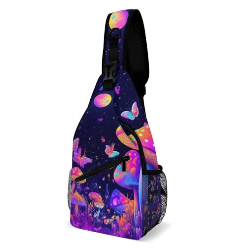 Fashion Chest Pack Travel Shoulder Bag, Trippy Magical Mushroom Starry Night Art Purple Small Cross Body Sling Bag For Women Men