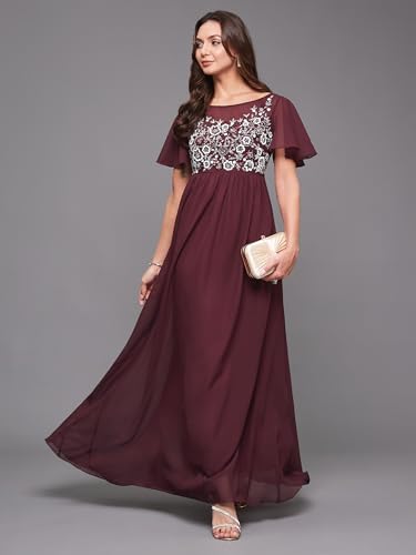 Image of Miss Chase Women's Round Neck Sleeve Embellished Fit Flare Maxi Dress