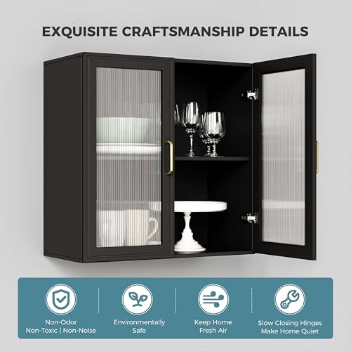 24”W Wall Cabinet with Acrylic Glass Doors Set of 2, Kitchen Wall Cabinets with Adjustable Shelf, Laundry Room Wall Mounted Cabinet, Bathroom Wall Cabinet with Light(Black) - Image 4