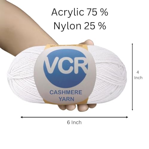 Image of VCR White Cashmere Knitting Yarn, 100 Grams Hank, 265 Meters Length, Acrylic 75% and Nylon 25%, Soft Crosia Thread for Crochet and Knitting, Suitable for Sweaters, Pullovers and Jackets