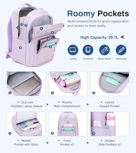 School Backpack for Girls, Lightweight Kids Bookbag Classic College Backpack for Teen Women with Luggage Strap, Age 8-18 Years Old, Purple4