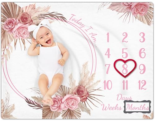 Baby Monthly Milestone Blanket for Baby Girl, Floral Boho Persona...