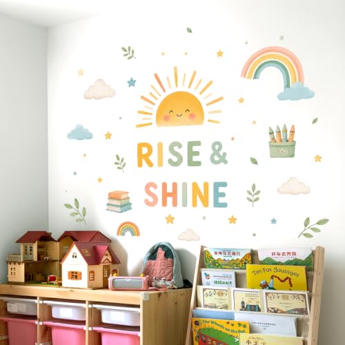 Boho Sun Wall Decal Watercolor Modern Half Sun Wall Decal Sun Rainbow Cloud Wall Stickers Vinyl Sticker for Classroom Playroom Bedroom Wall Decor