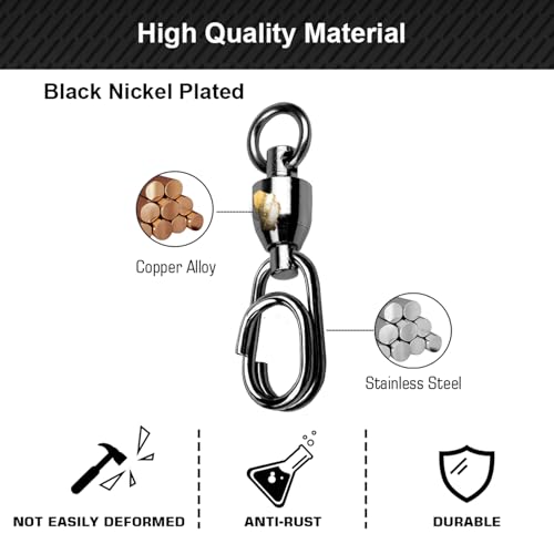 Atibin High Strength Snap Swivels Saltwater Ball Bearing Fishing Swivels Freshwater Stainless Steel Split Rings Fishing Black Nickel 25pcs 40lbs