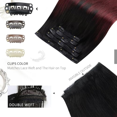 Moresoo Clip in Hair Extensions Real Human Hair Off Black Root Ombre Wine Red Clip in Hair Extensions Remy Straight Balayage Burgundy 10 Inch 5 Pieces/80g #1B/99J - Image 4