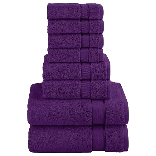 Image of Elegant Comfort Premium Cotton 8-Piece Towel Set, Includes 4 Washcloths, 2 Hand Towels and 2 Bath Towels, 100% Turkish Cotton - Highly Absorbent and Super Soft Towels for Bathroom, Purple
