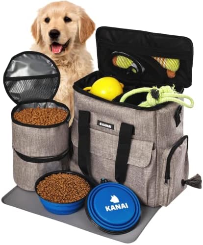 Dog Travel Bag | Dog Food Storage Containers, Silicone Mat, Large Collapsible Bowls | Airline Approved Dog Accessories Organizer | Dog Poop Bag Dispenser | Dog Stuff & Pet Supplies Travel Essentials