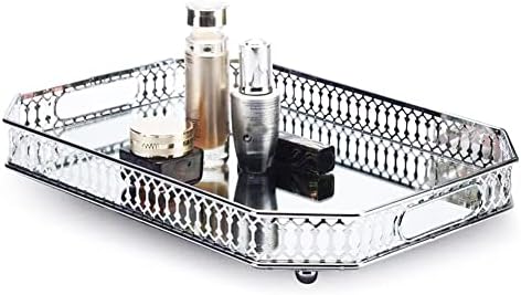 Perfume Tray, Mirror Tray, Vanity Decorative Tray with Rectangle Metal for Dresser Bathroom Bedroom Countertop Organizer, Large Size 13.8" X 9.6" X 2.2", Silver