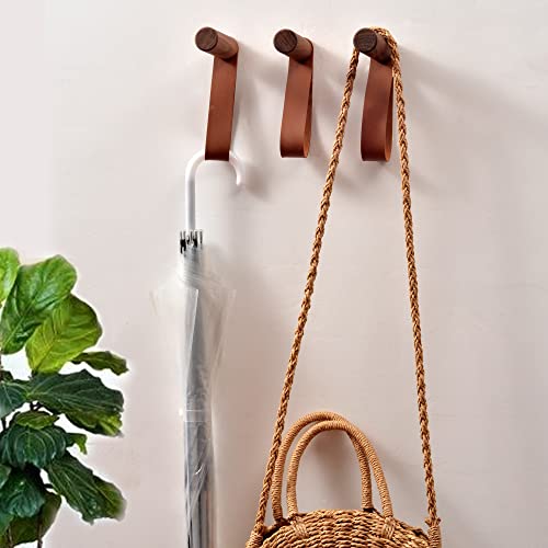 Wonqexz 3 Pack Wooden Coat Hooks, Black Walnut,Entryway Wall Hangers, Wall Pegs Wall Mounted Vintage Single Hangers With Pu Leather Wall Straps For Hanging Coats Hats Bags Towels #TOP5