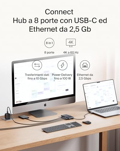 Connect Hub USB C a 8 Porte, Supporta Display con Risoluzioni Fino a 4K a 60 Hz, Funziona con Mac, Windows e Chromebook, 100W PD con Trasferimenti dati di 10Gbps ed Ethernet 2,5 Gbps - Nero - Hub USB - Immagine 1