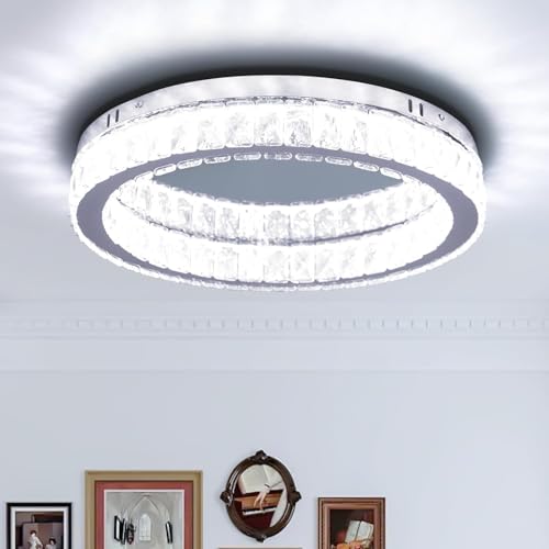 Fintonglan 17.7" Crystal Flush Mount Ceiling Light Fixtures Modern Round LED Chandelier Light Fixture Ceiling Lamp for Living Room Dining Room Kitchen 48W 6000K