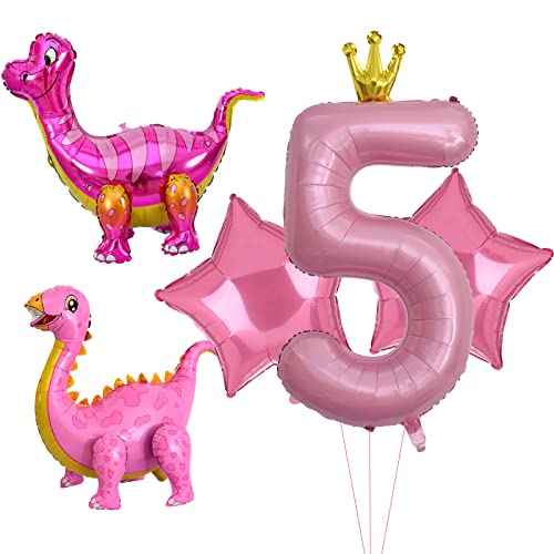 Pink Dinosaur Balloons, Girl Birthday Number Mylar Foil Balloon, 5th Birthday Party Supplies Decorations