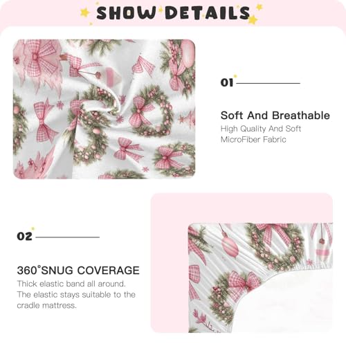 Image of Caikeny Fitted Crib Sheet for Boys Girls Christmas Wreath Tree Pink Bow Baby Crib Sheets Bassinet Sheets Crib Mattress Bed Sheets for Toddler Newborn Infant 52 X 28 in