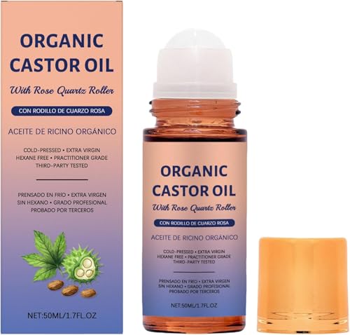 Aceite de Ricino Orgánico Roll-On con Rodillo de Cuarzo Rosa, Aceite Corporal Hidratante, Sérum Hidratante y Suavizante, Reafirmante, para el Cuidado del Cabello, Rostro y Cuerpo
