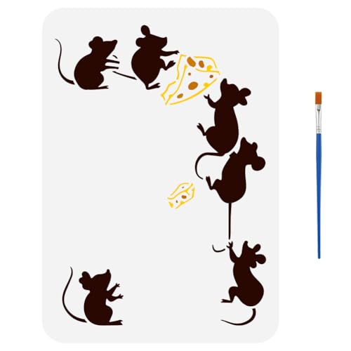 FINGERINSPIRE Maus Käse Schablone Mit Pinsel 21x29.7cm Süße Maus Malvorlage Käsemuster Schablone Zum Malen Maus Silhouette Vorlage Tiermotiv Vorlage Für Wanddekoration