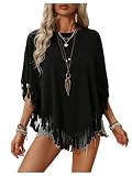 SweatyRocks Women's Half Short Sleeve Fringe Trim Top Round Neck Asymmetrical Hem Loose Tee Shirts Blouse Black Large