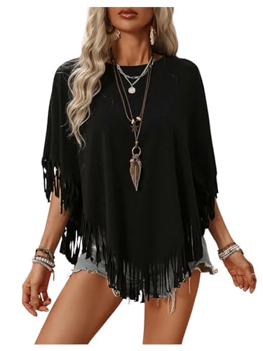 SweatyRocks Women's Half Short Sleeve Fringe Trim Top Round Neck Asymmetrical Hem Loose Tee Shirts Blouse