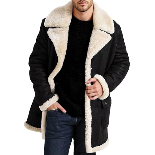 Herr Svart Läderjacka Tjock Vinter Varm Fleecefodrad Lång Jacka Läder Casual Ytterkläder Svart 5X Large