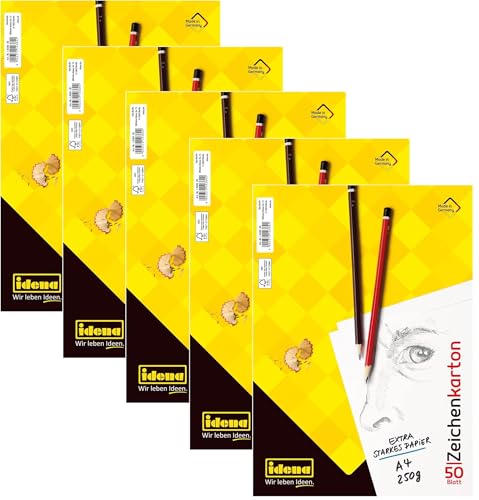 Idena 10384 - Zeichenkarton, DIN A4, 50 lose Bogen, extra starkes Zeichenpapier 250 g/m² (A4 | 5er Pack)