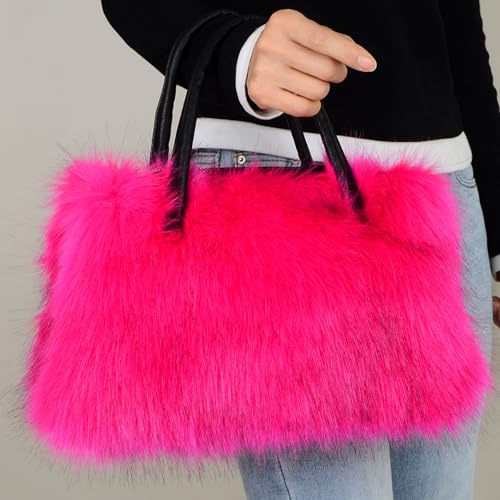 Image of Winter Furry Handbag Soft Faux Fur Leather Bag Lightweight Travel Bag Cute Women's Shaggy Purse