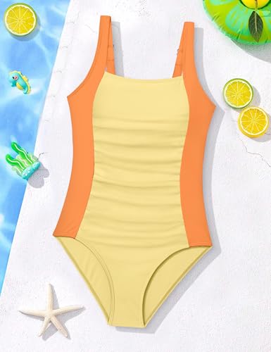 Image of Girl Swimsuit One Piece Bathing Suit for Girls Solid Color Ruched Adjustable Straps Padded Swimwear 9-18y