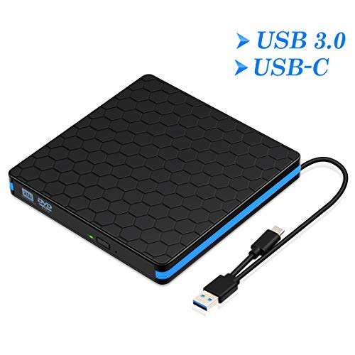 Kingbox External DVD Drive, Portable USB 3.0 Type-C CD/DVD Rewriter Burner Drive for Laptop Desktop PC Computer Windows Linux OS Apple Mac MacBook Pro Air iMac - High Speed Data Transfer - Black